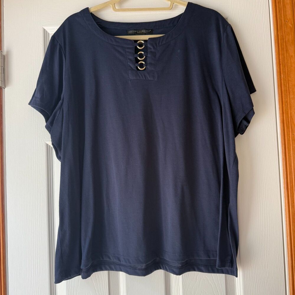 Preswick & Moore Womens 2X Navy Blue Short Sleeve Top Gold Ring Keyhole Neck